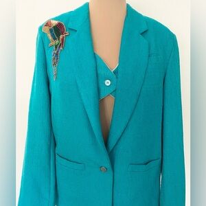 Vintage 80s Blazer and Crop Top Set *Size 12* DIMENSIONS Turquoise Sequin Parrot
